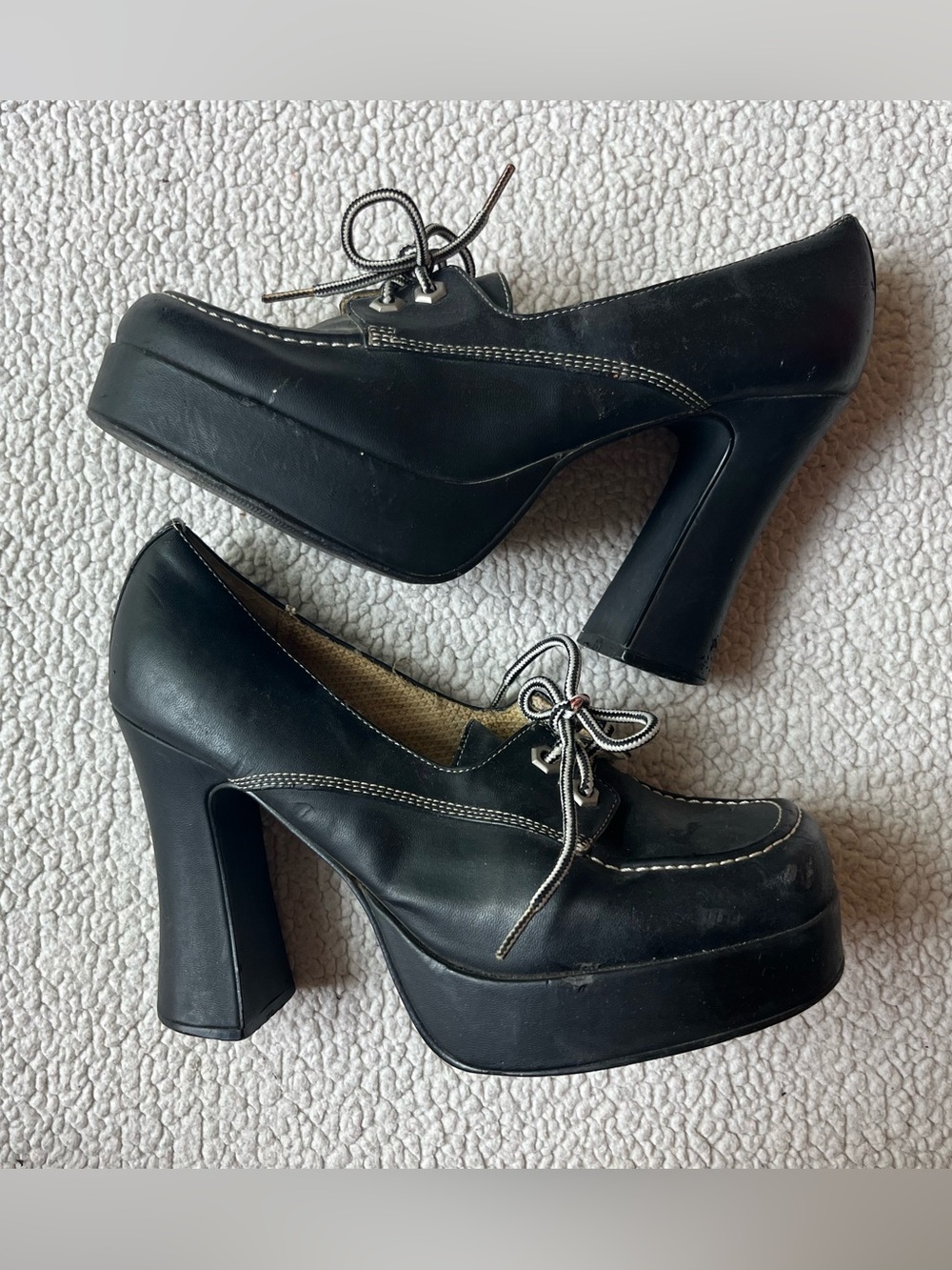 Vintage 90s Fashion Bug Retro Platform Oxfords Black Chunky Block Heel Womens 8